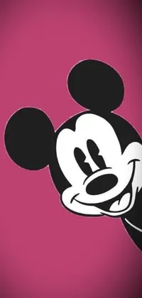 This live wallpaper displays a black and white Mickey Mouse on a vibrant pink background