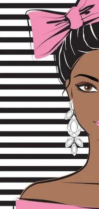 This trendy pop-art wallpaper showcases a beautiful brunette woman with a cute pink bow on her head