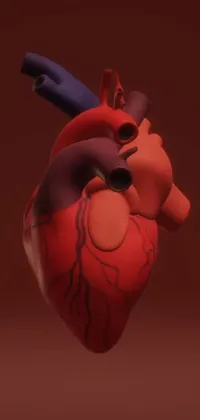 This smartphone live wallpaper showcases a close-up view of a vibrant, 3D-rendered human heart, set against a warm brown backdrop