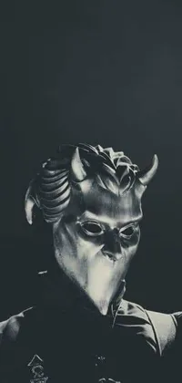 This live phone wallpaper displays a monochromatic photograph featuring a mysterious superhero character wearing detailed shiny silver armor