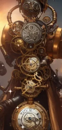 Enjoy a mesmerizing live wallpaper for your phone featuring a clock mechanism close-up with a beautiful sky background