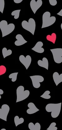 This phone live wallpaper features a stunning seamless pattern of red and grey hearts on a black background