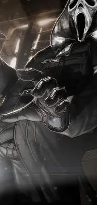 Discover a stunning phone live wallpaper featuring an intriguing and dramatic figure wearing a gas mask, holding a gun, and showcasing black leather gloves