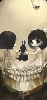 This phone live wallpaper showcases a mesmerizing painting of two young children in a crib with a cuddly rabbit, reminiscent of a classic storybook illustration