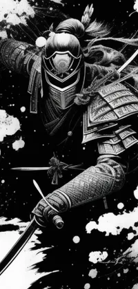 Experience true art in your phone with this black and white samurai wallpaper