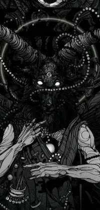Looking for a dark and edgy phone live wallpaper that's packed with intricate design and stunning detail? Check out this black and white drawing of a demon with great horns