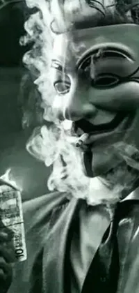 This phone live wallpaper features a mysterious man wearing a mask and holding a cigarette