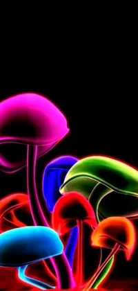 This live wallpaper boasts a group of colourful mushrooms set atop a table with a digital art design ideal for amoled screens