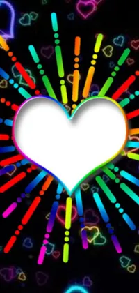 This phone live wallpaper features a vibrant pink heart surrounded by multicolored hearts on a black background