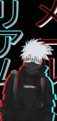 This phone live wallpaper features an anime-inspired drawing of a backpack-wearing character with spiky white hair, set against a dark black background