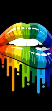 This phone live wallpaper features a bold and vibrant design of rainbow painted lips against a black background