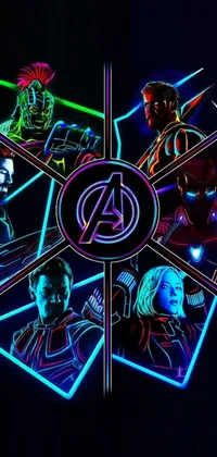 The Avengers Live Wallpaper features a powerful design of superheroes standing together in a bright neon blacklight color scheme and four bold colors