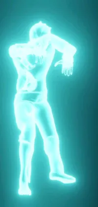 This unique smartphone wallpaper features a captivating holographic man standing in the dark, emitting a white glowing aura
