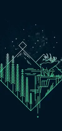 This live phone wallpaper showcases a green line drawing of mountains and trees atop a dark starry background