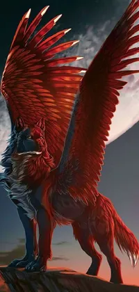 This phone live wallpaper features a magnificent red bird standing on a rock in the midst of a breathtaking landscape