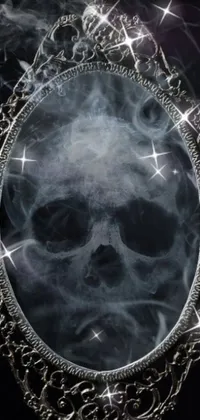 Introducing a trending phone live wallpaper featuring an eerie skull reflected in a mirror with wispy magical smoke creating a mysterious aura
