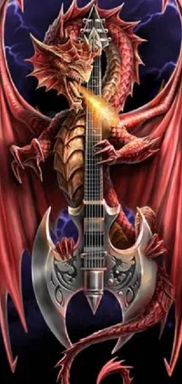 This stunning phone wallpaper features an awe-inspiring red dragon perched atop a guitar, set against a backdrop of lightning bolts and adding a musical touch to the design