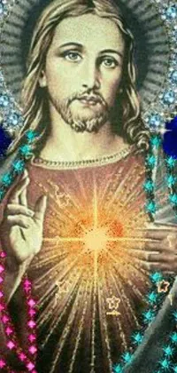 This live wallpaper features a captivating image of Jesus Christ holding a shining star in a serene blue surroundings adorned with sparkling stars