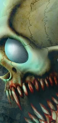 Looking for an edgy and spooky live wallpaper? Check out this digital rendering featuring a close-up of a skull with red teeth and haunting eyes