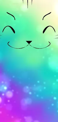 This lively phone wallpaper features a close-up image of a smiling cat's face against a Lisa Frank-inspired, color-saturated background