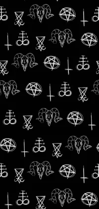 Looking for a mysterious and dark live wallpaper for your phone? This occult-inspired design features a mesmerizing pattern of symbols on a black background, with a repeating motif and white demon horns creating a striking contrast