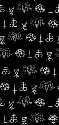 Looking for a mysterious and dark live wallpaper for your phone? This occult-inspired design features a mesmerizing pattern of symbols on a black background, with a repeating motif and white demon horns creating a striking contrast