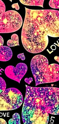 This lively phone live wallpaper features a collection of brightly colored hearts displayed against a black background