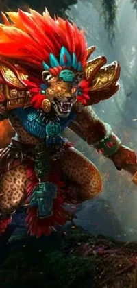 This phone live wallpaper displays an Aztec warrior holding a sword, wearing a jaguar mask, and a background with a fiery elemental