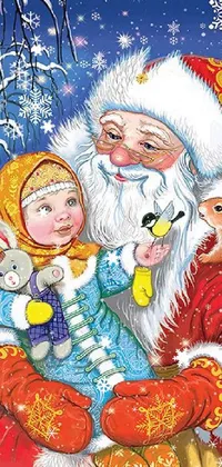 This live wallpaper for your phone captures the spirit of winter with a charming image of Santa Claus holding a child, surrounded by three winter deities
