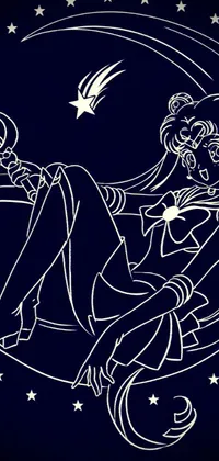 This phone live wallpaper depicts a beautiful anime drawing of a woman sitting on a crescent moon
