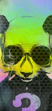 This phone live wallpaper features an edgy and eye-catching digital painting of a skull donning sunglasses on a smoggy yellow green sky inspired by funk art