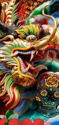 This phone live wallpaper showcases a beautiful dragon statue sitting on a table