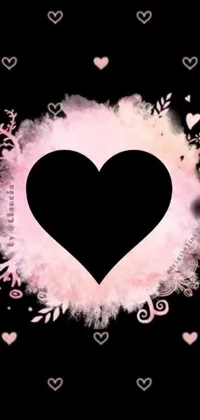 This phone live wallpaper depicts a black heart surrounded by pink and white hearts on a powder background