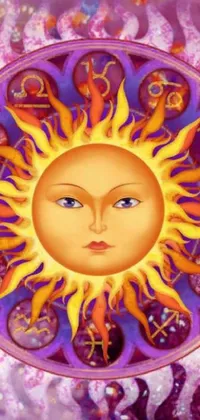 This phone live wallpaper depicts a beautifully painted sun within a purple frame, inspired by spiritual tarot card characters and featuring a Libra symbol