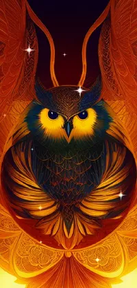This phone live wallpaper features an intricate vector art of a fiery golden-winged owl on a dark background