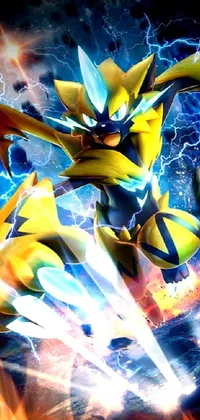 This phone live wallpaper features a dynamic digital art scene of a popular Pokemon character with lightning in the background
