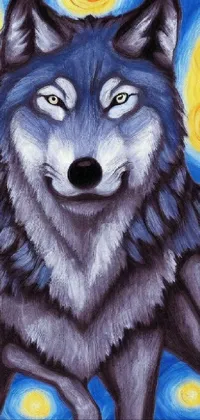 This phone live wallpaper features a stunning colored pencil full body shot close-up of a wolf on a starry night