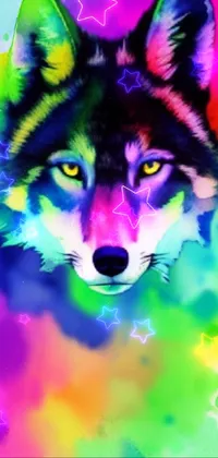 This phone live wallpaper features a close-up of a wolf airbrush painting that bursts with colors on a 1024x1024 pixel HD screen resolution