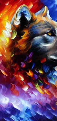 This phone live wallpaper features a detailed painting of a wolf set against a colorful backdrop