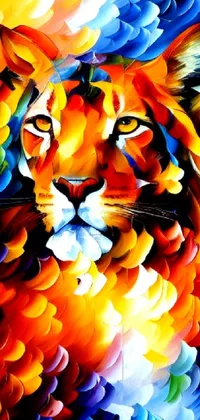 This mobile live wallpaper features a stunning close-up of a striking neo-fauvism airbrush painting of a lion