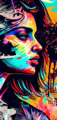 This phone live wallpaper showcases a beautiful beach with towering palm trees in the background and a psychedelic art-inspired scene in the foreground