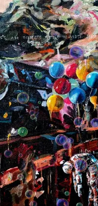 This live wallpaper showcases a stunning painting of a colorful train adorned with balloons