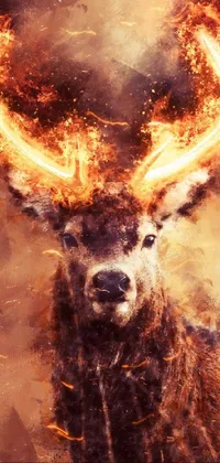 This amazing phone live wallpaper showcases an incredible digital painting of a deer with fiery antlers