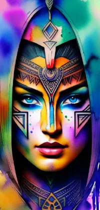 This phone live wallpaper showcases a vibrant and dynamic illustration of a woman with colorful paint on her face