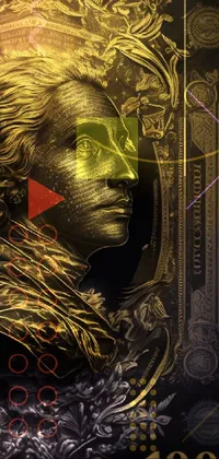 This exquisite phone live wallpaper showcases an intricately designed golden portrait of a man on a dollar bill, created in a stunning baroque style