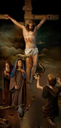 Get this high-resolution phone live wallpaper that portrays the crucifixion of Jesus Christ with other figures on the scene