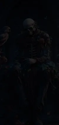 This eerie and spooky phone live wallpaper features a skeleton dressed in a black suit and top hat, sitting in a dark and mysterious room