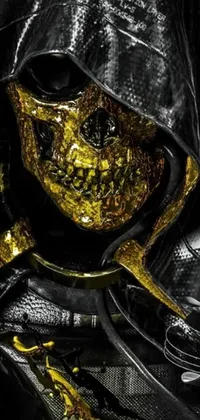 This incredible phone live wallpaper features a stunning close-up of a mysterious figure wearing a gold mask, intricate leather armor, and bone embellishments