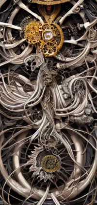 Upgrade your phone's home screen with this stunning live wallpaper featuring a close-up of a clock surrounded by wires, an ultrafine and detailed painting, a dress made of bones, an intricate car engine, intricate roots, or a stunning galaxy scene