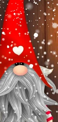 This live wallpaper for your phone features a charming gnome wearing a bright red hat, situated in a snowy landscape with a rustic barn in the background